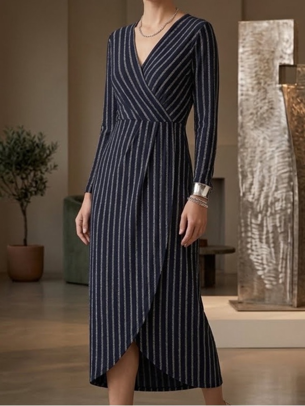 Bloomchic Navy & Silver Striped Velour Faux Wrap Midi Dress Size 12